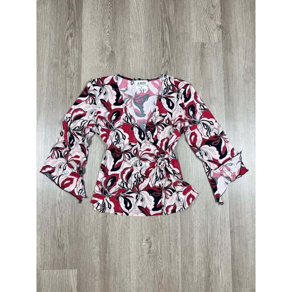 Vintage Y2K Wrap Floral Bell Sleeve Office Siren Top M A. Byer Shirt Blouse